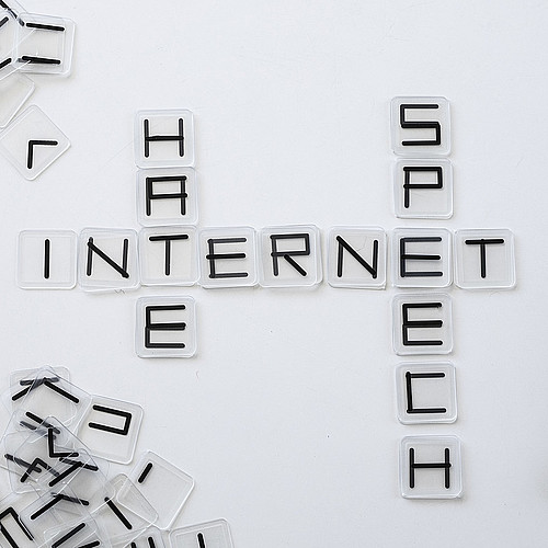 Sul tavolo ci sono le parole "odio", "internet" e "discorso".